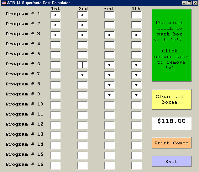 At The Races PRO (ATRpro) Screen 14) 1 Superfecta Cost Calculator
